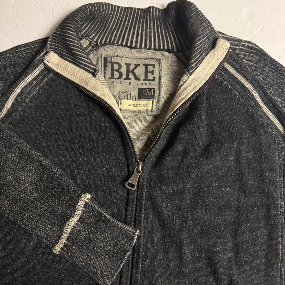 BKE Athletic Fit Full Zip‎ lightweight Sweater Jacket Mens M Gray Striped Knit